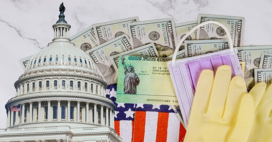 Capitol Building, money, gloves, face mask, U.S. flag