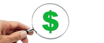 magnifying glass reviewing a green dollar sign