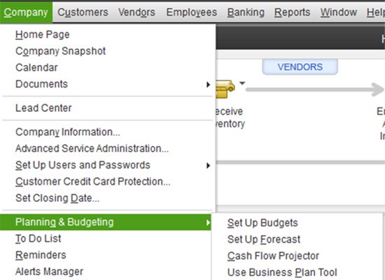 QuickBooks planning & budgeting menu options