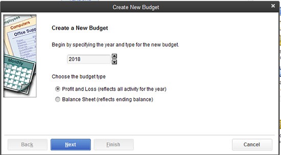 QuickBooks "Create New Budget" menu