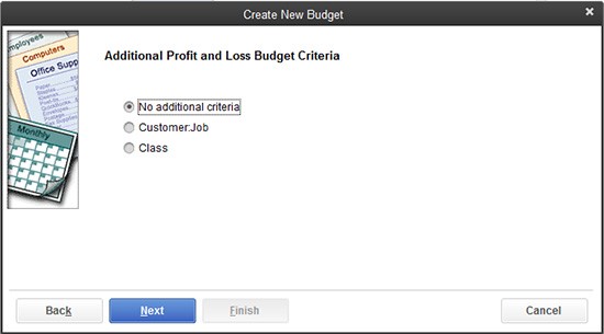 QuickBooks "Additional Profit and Loss Budget Criteria" menu