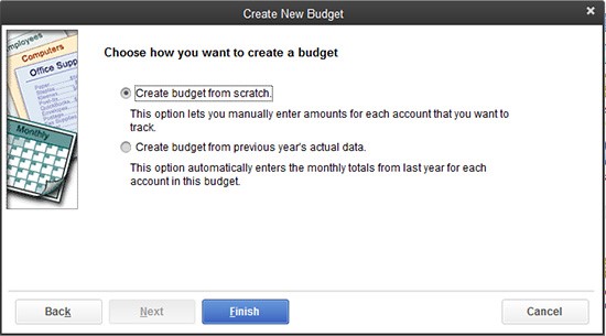 QuickBooks "Choose how you want to create a budget" menu