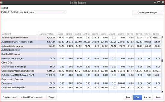 QuickBooks "Set Up Budgets" page